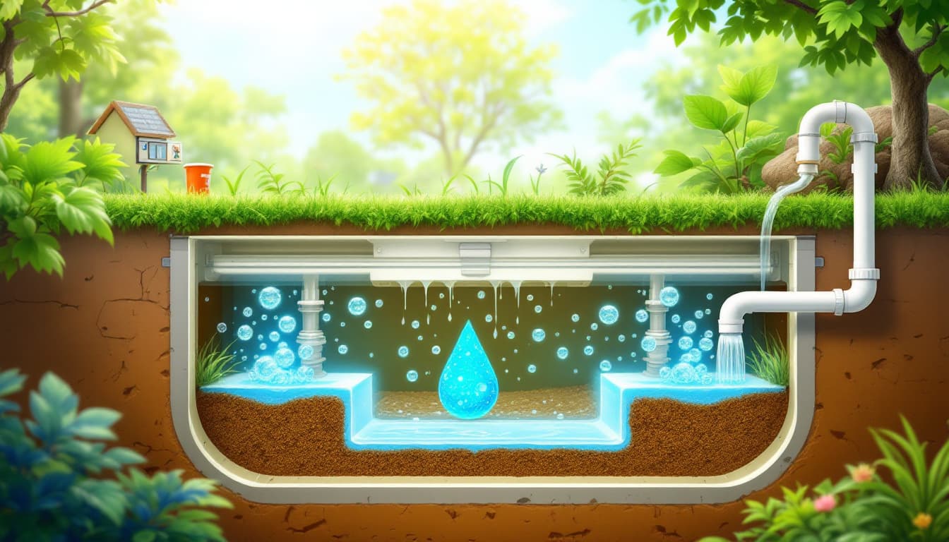 Cross-section of a septic tank with Septifix tablets dissolving, oxygen bubbles rising, and microbes breaking down sludge. Image created with AI.