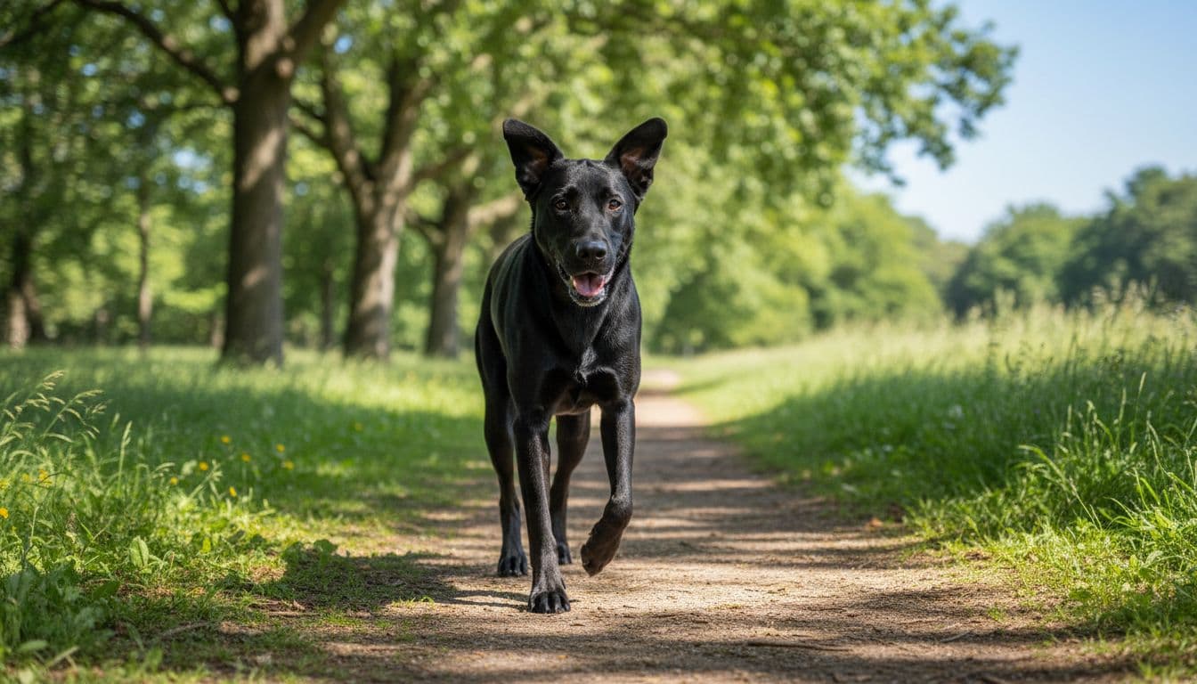 A slim, athletic black Labrador Retriever trots energetically on a sunny park trail, displaying a lean muscular build, shiny coat, and alert expression in natural daylight.
