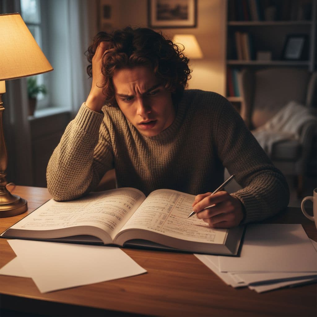 A person sits at a desk with a perplexed expression while studying a French textbook.