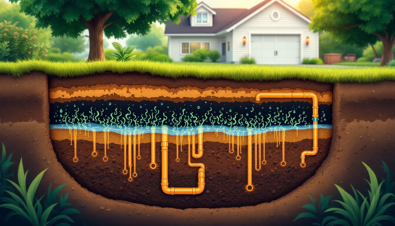 Underground septic tank with thick sludge and low oxygen, subtle gas wisps escaping near a lawn. Image created with AI.