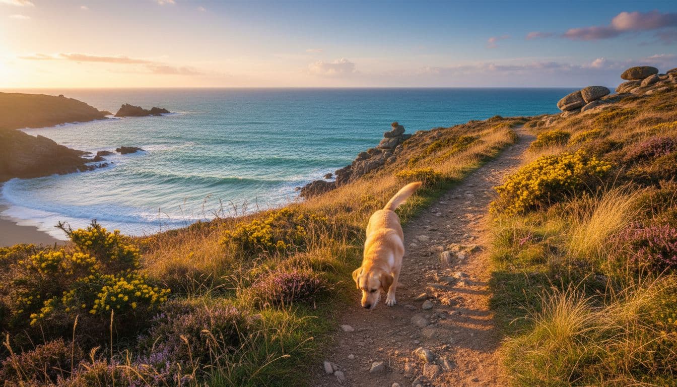 A happy yellow Labrador Retriever trots energetically along a coastal path in East Cornwall, sniffing the ground amid vibrant scenery and ocean views during golden hour lighting.