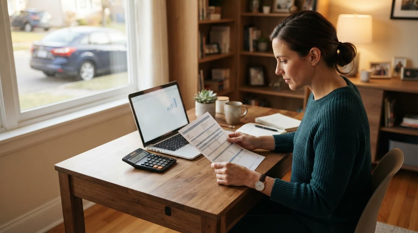 A person reviews insurance papers beside a laptop and calculator near a window.