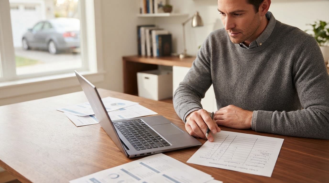 One person compares insurance papers beside a laptop in a tidy office, with a car outside the window.