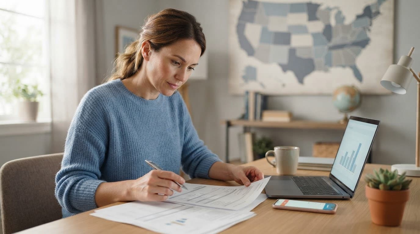 A shopper reviews insurance papers beside a laptop and smartphone.