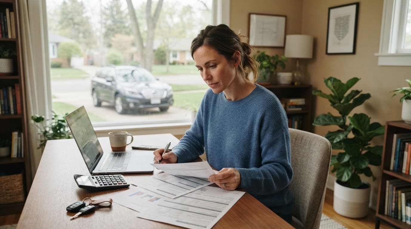 Person reviewing auto insurance papers beside a calculator and laptop.
