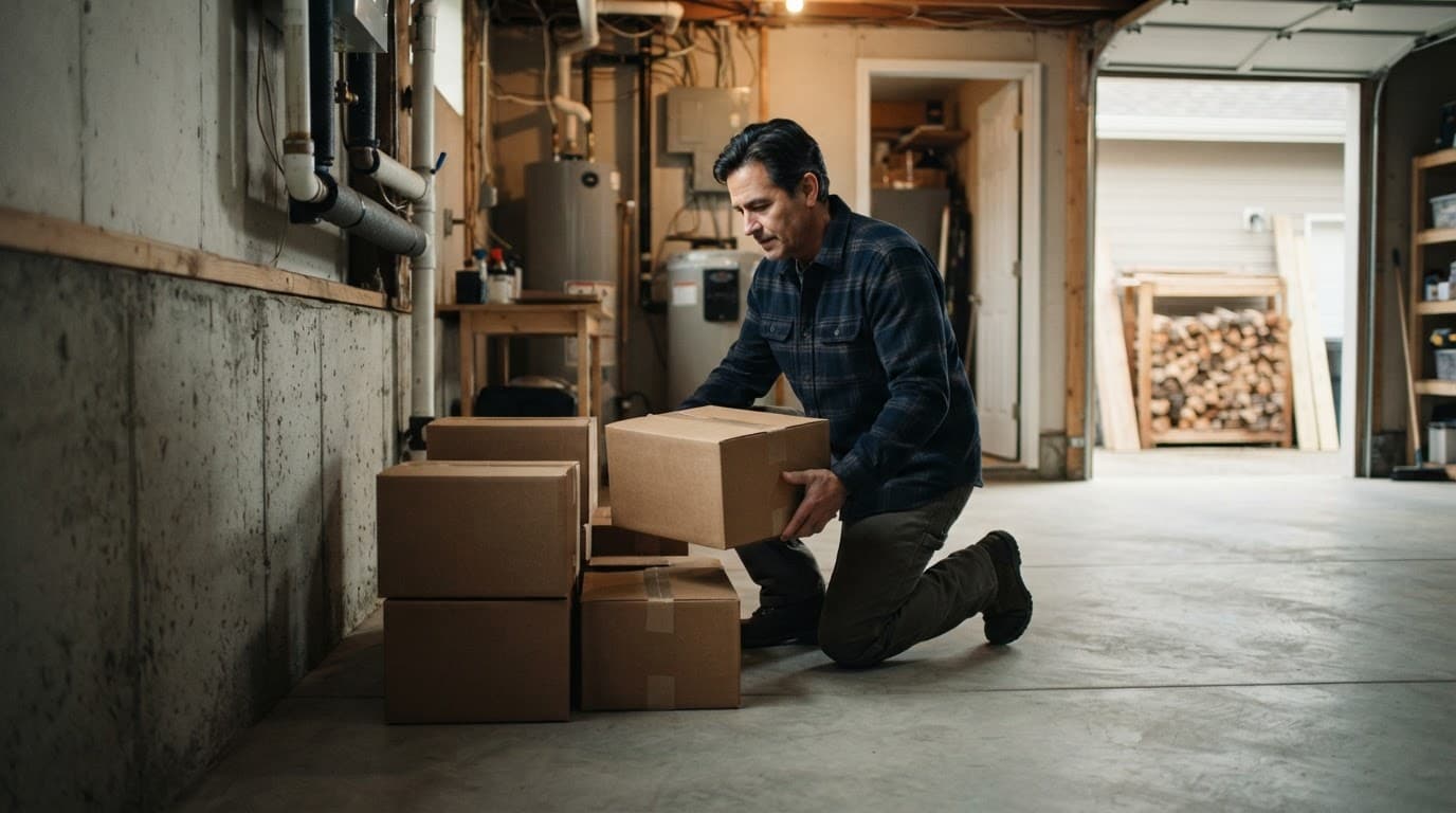 A homeowner clears boxes from a basement wall for termite inspection access.