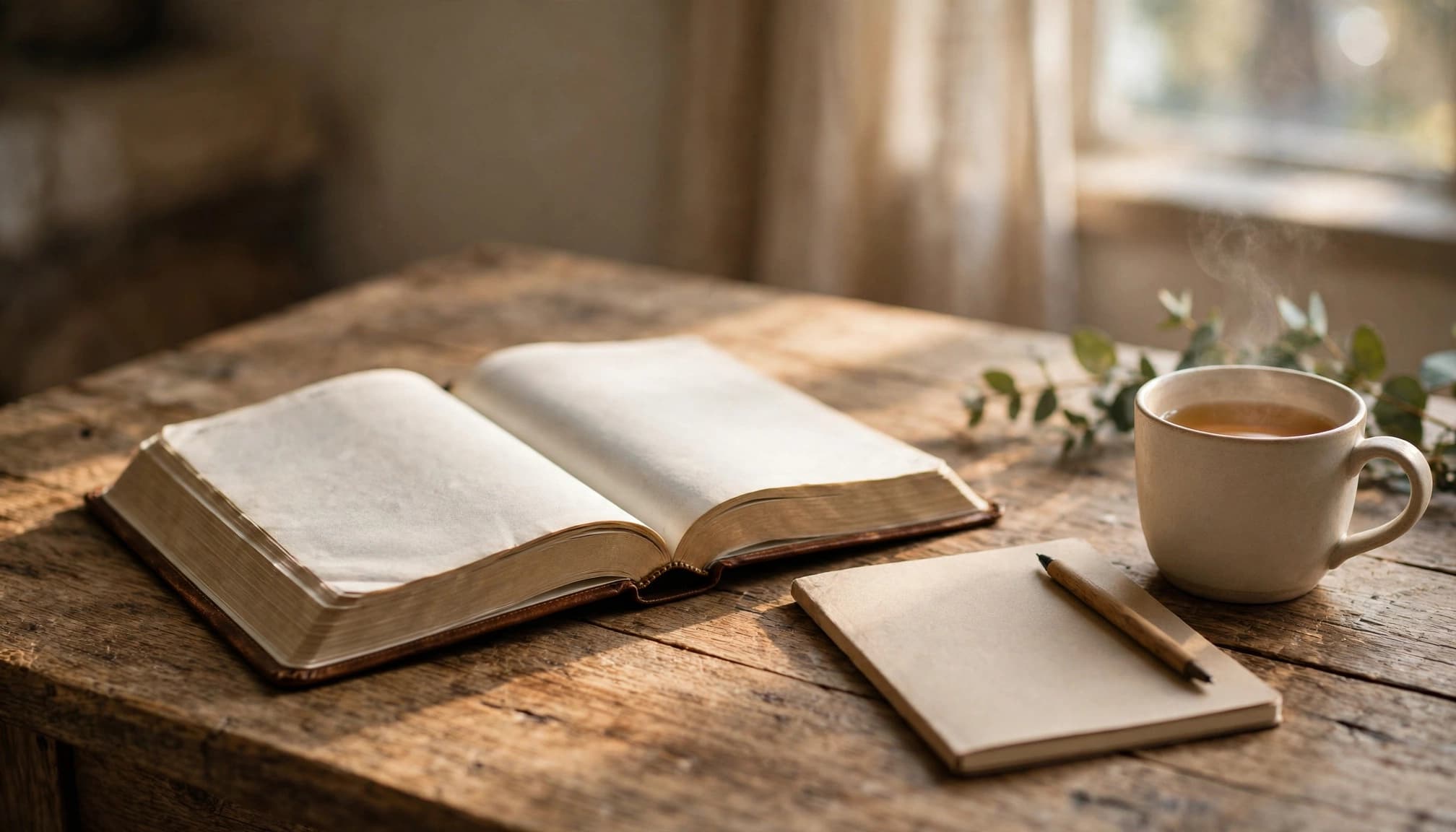 Une Bible ouverte avec un carnet, un stylo et une tasse de thé sur une table en bois.
