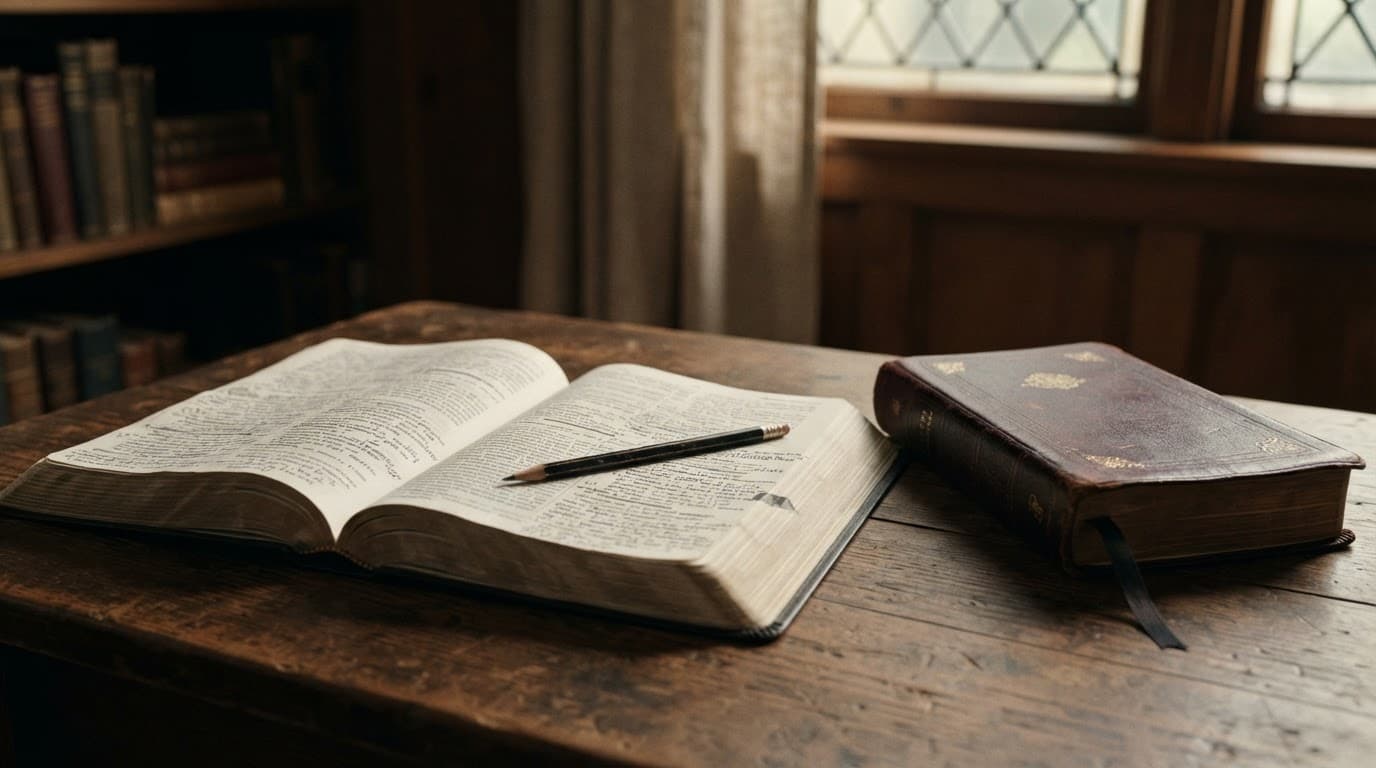 An open Bible study book, pencil, and closed devotional on a warmly lit wooden table.