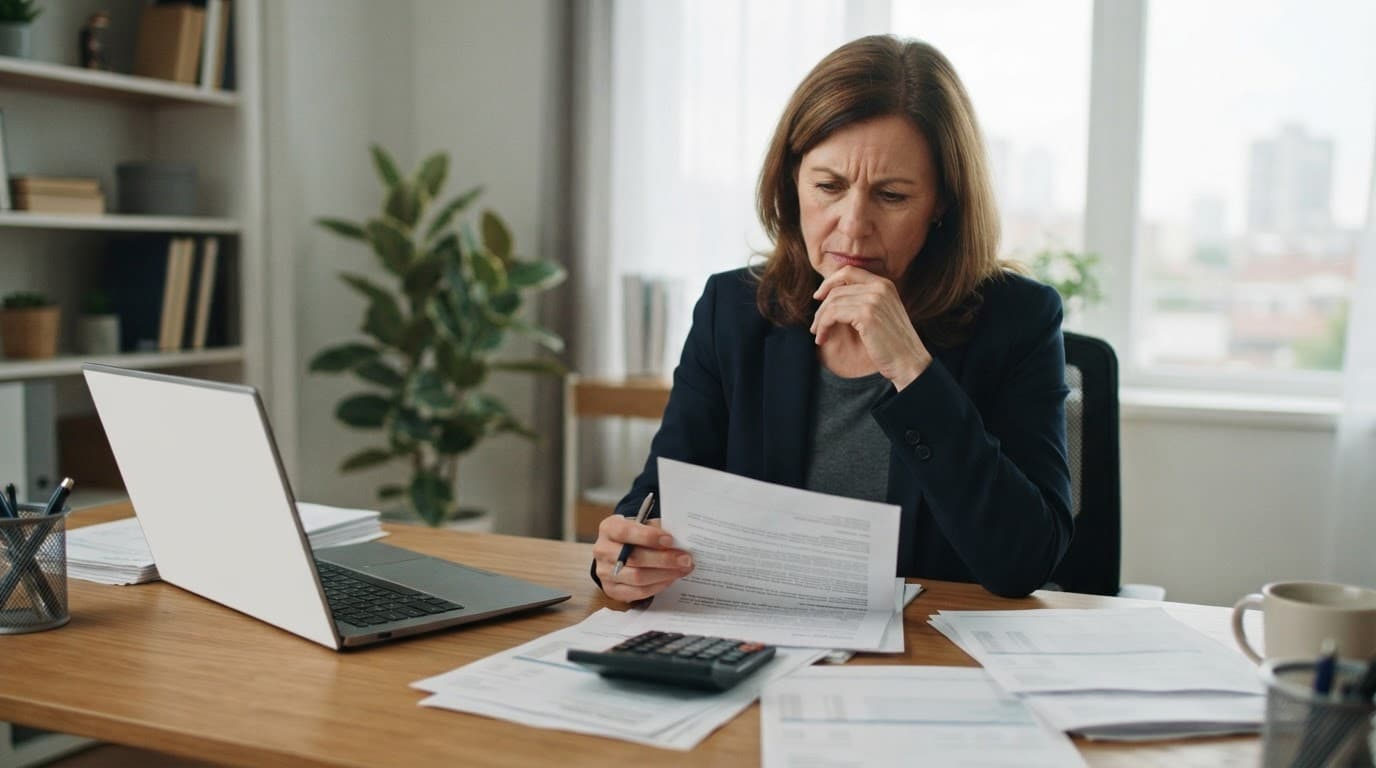 A business owner reviews financing papers with a calculator and bank statements at an office desk.