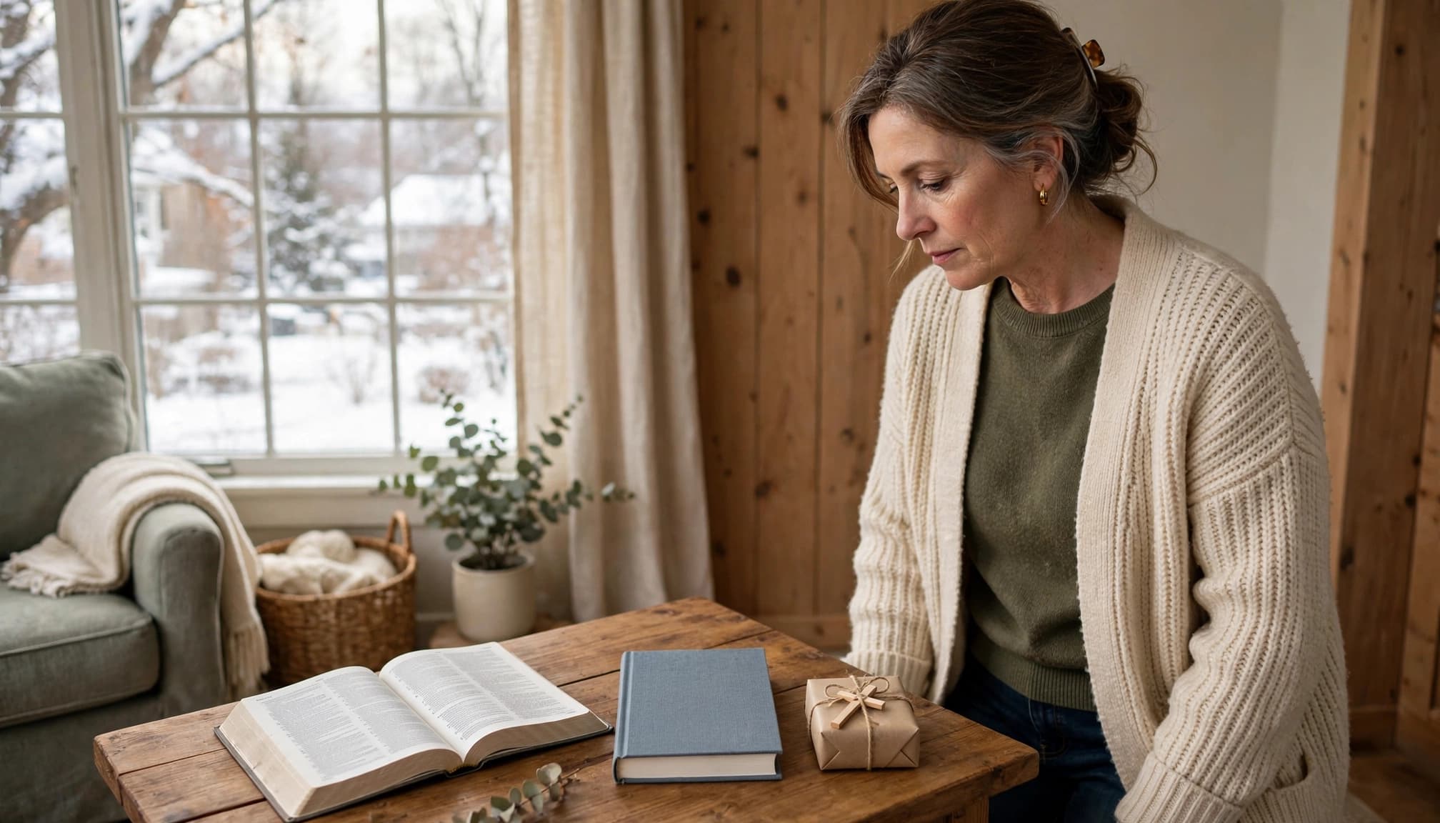 A woman compares a Bible, devotional book, and faith-based gift at a wooden table.