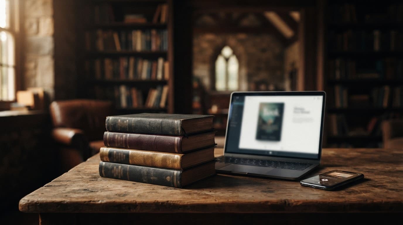 Christian books beside a laptop and smartphone on a warm wooden study table.