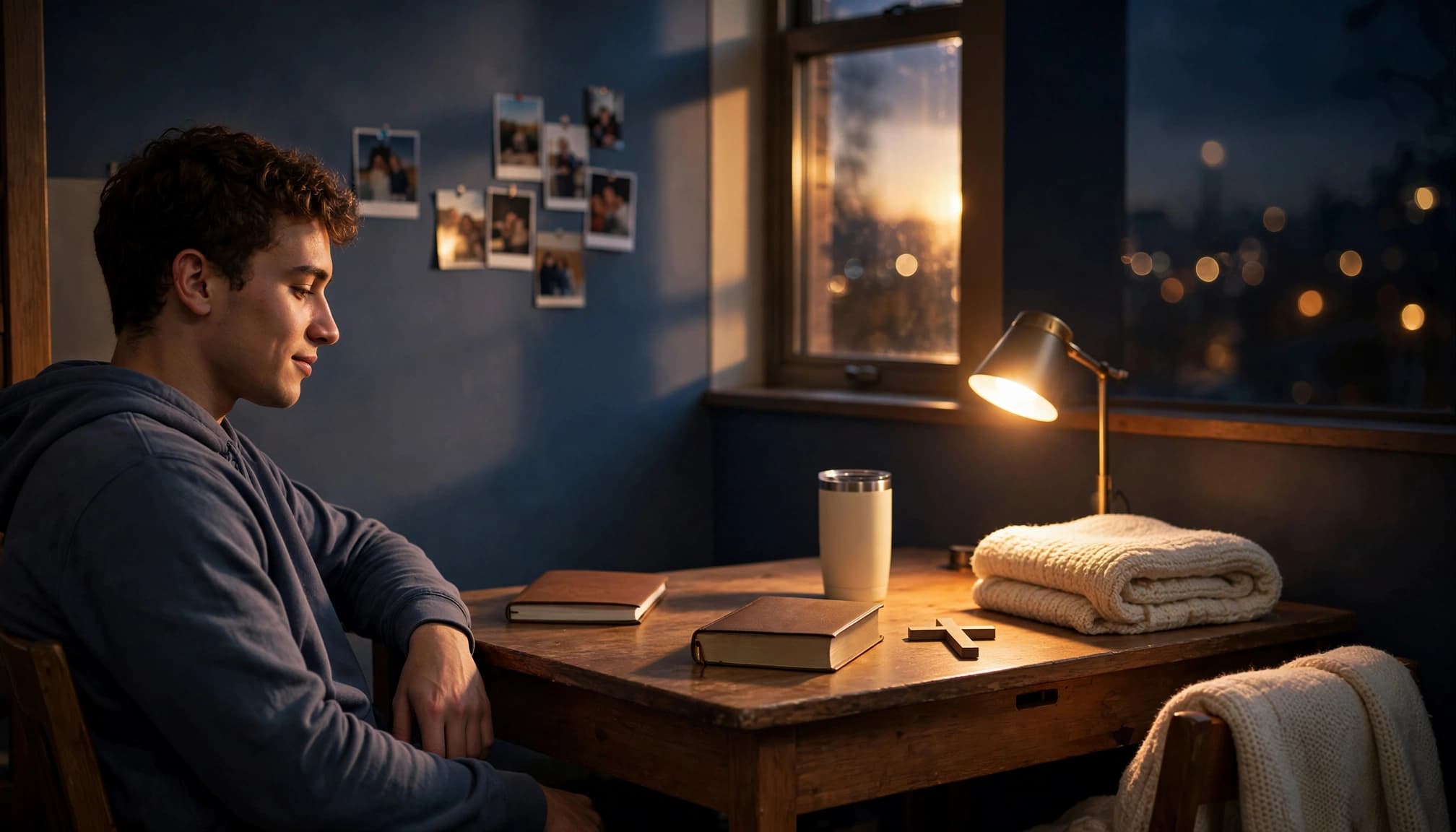 Student seated at a dorm desk with a Bible, journal, tumbler, and small cross.