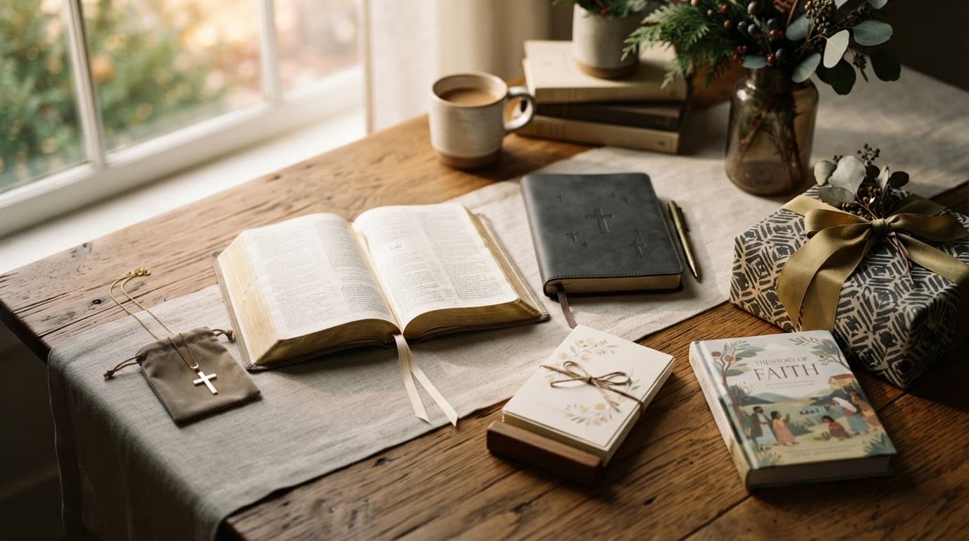 Christian gifts arranged on a wooden table beside a softly lit window.