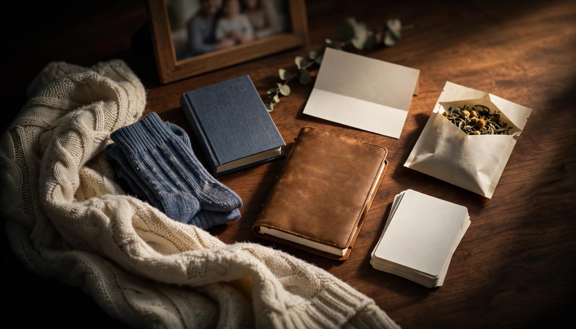 A care package with socks, a devotional book, journal, tea, prayer cards, and a blanket on a desk.