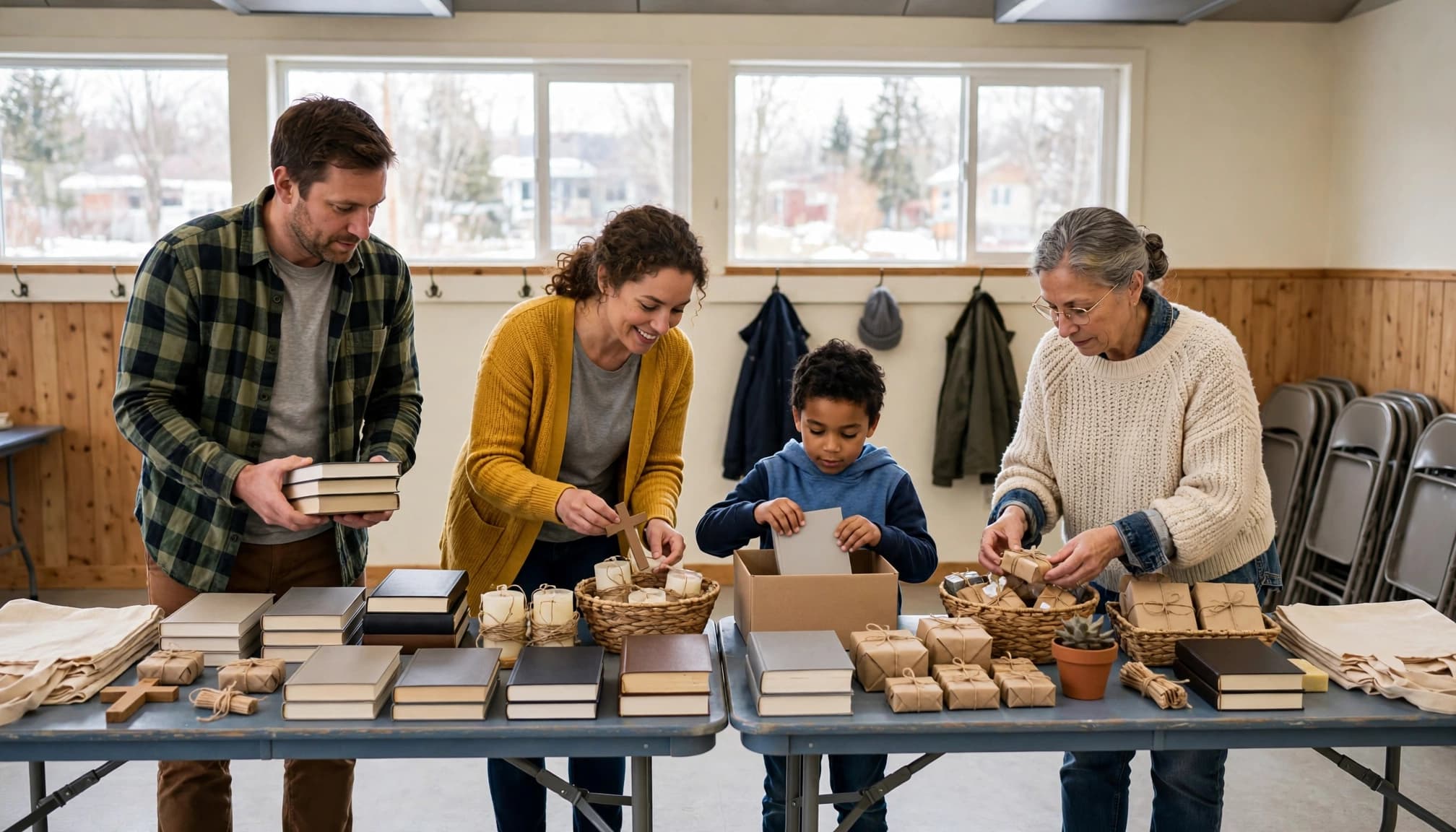 Three adults and a child sort donated books and gifts on tables in a bright church hall.