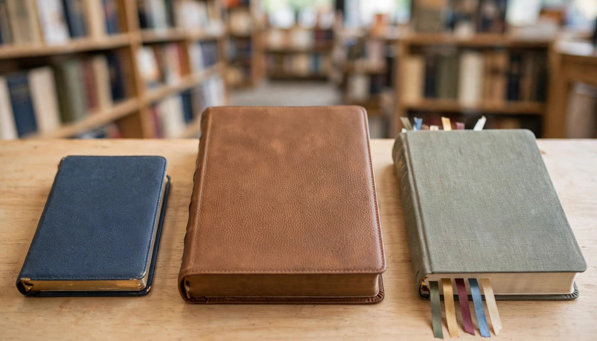 Trois Bibles de formats différents reposent sur une table lumineuse.