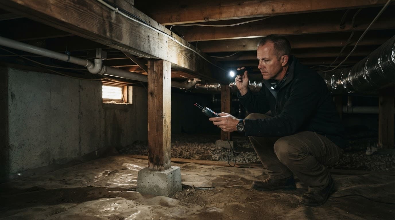 An inspector checks crawl space wood with a flashlight and moisture meter.