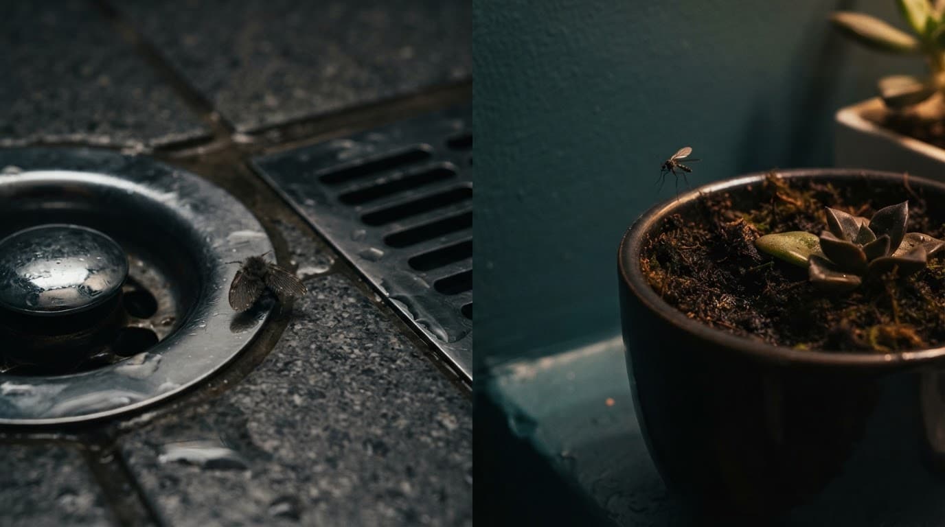 A drain fly near a shower drain and a fungus gnat above damp houseplant soil.