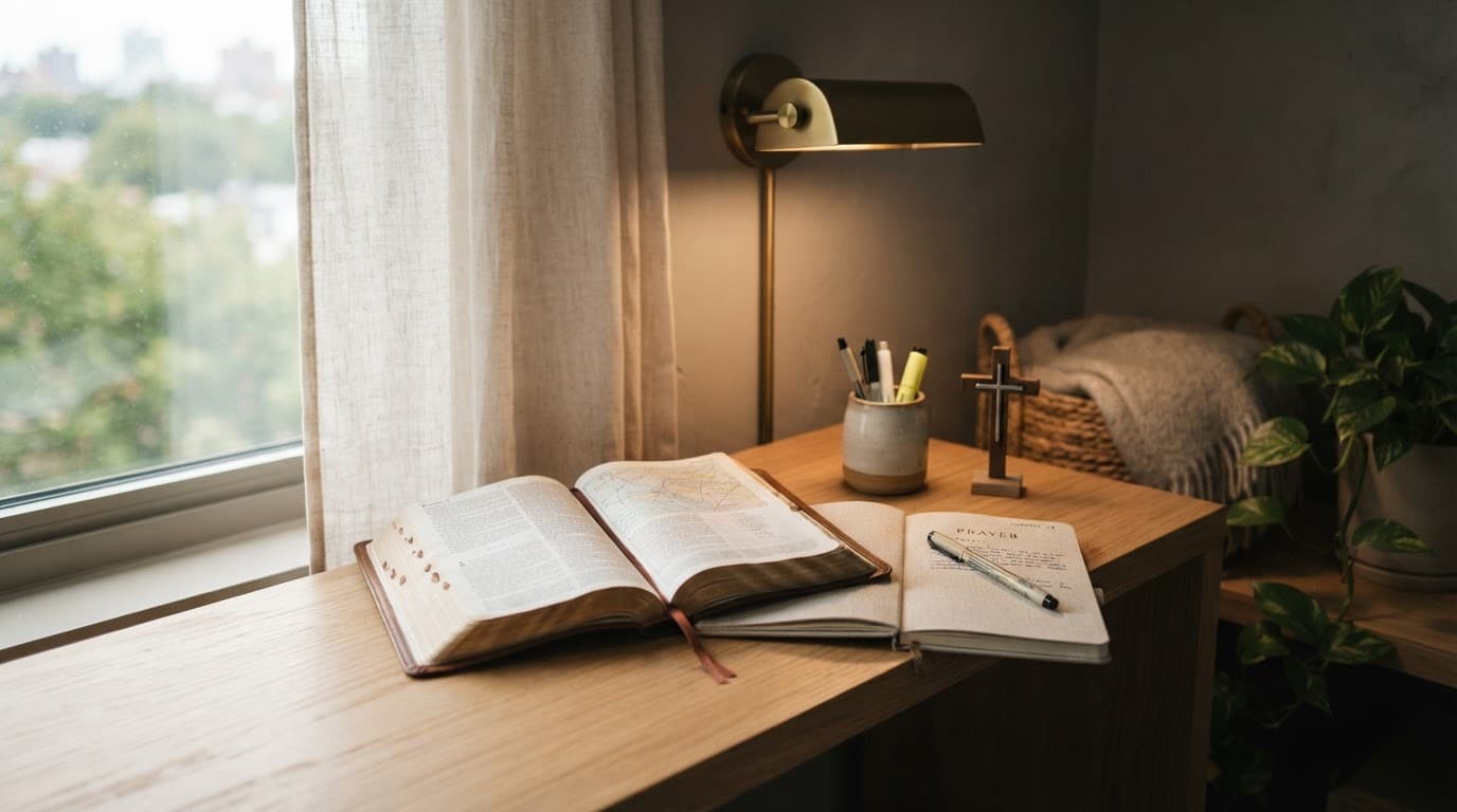 An open Bible and journal sit beside a lamp and small cross in a quiet home corner.