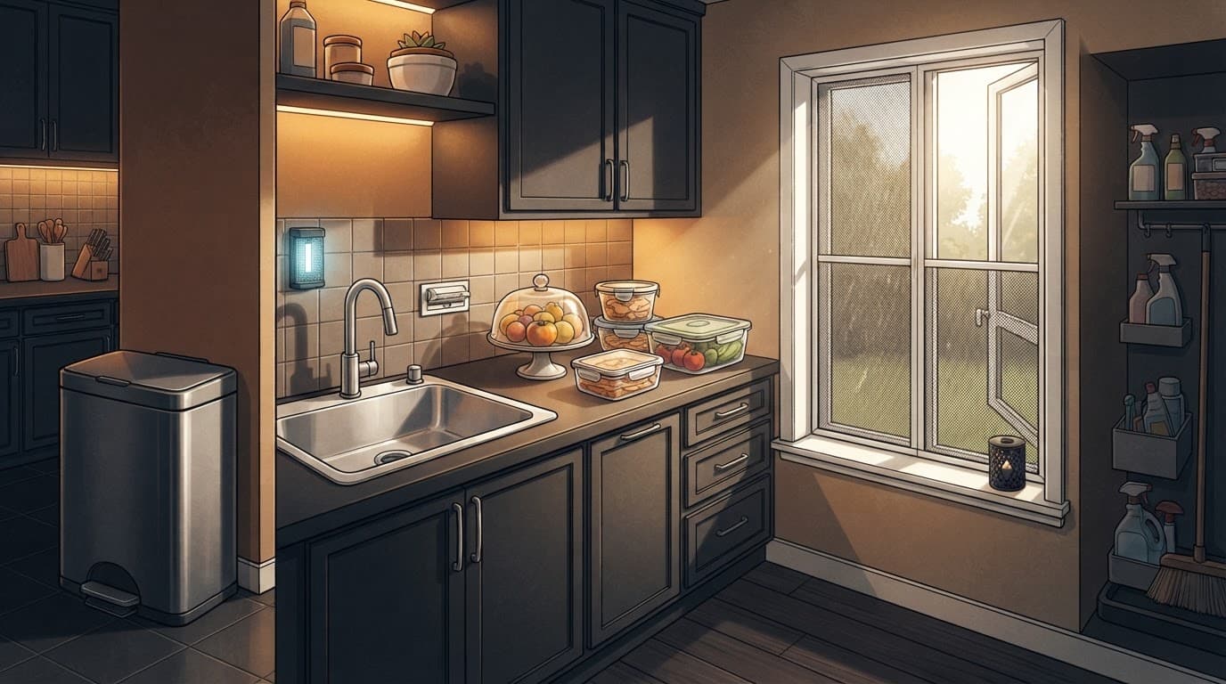 A clean kitchen with covered food, sealed trash, drain protection, and fly light traps.