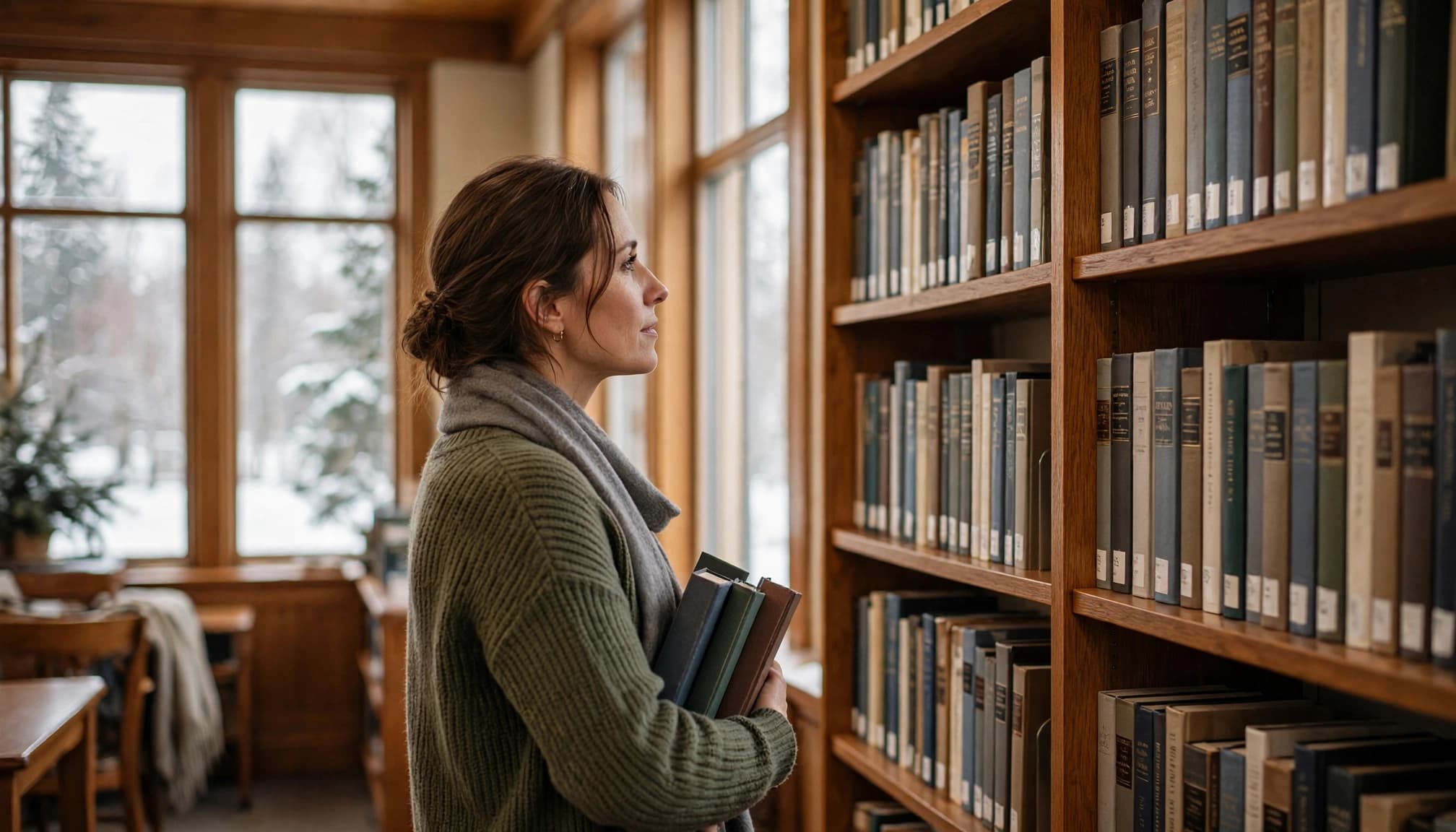 An adult browses Christian books in a warmly lit public library.