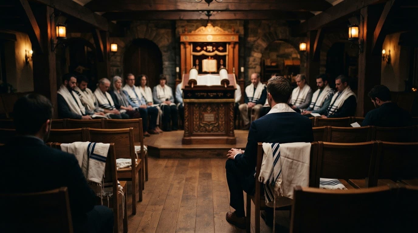 One visitor sits near a lectern with open Jewish scriptures in a warmly lit worship room.