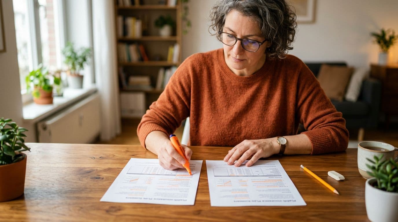 A middle-aged person at a wooden desk in a bright living room compares two printed health insurance plan summaries side by side, using a highlighter on key costs with a pencil nearby. Relaxed posture and thoughtful expression captured in realistic photography with warm daylight lighting.