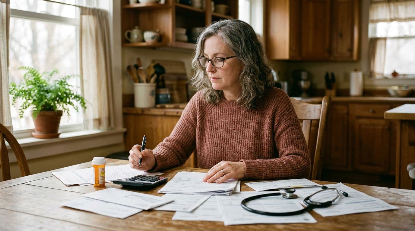 Middle-aged person sitting thoughtfully at a wooden kitchen table surrounded by health insurance papers, medical bills, calculator, pill bottle, and stethoscope, holding a pen in a cozy home with soft morning light.