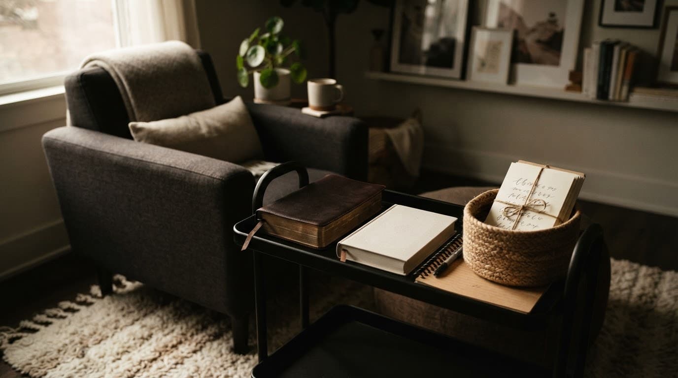 A rolling cart holds Bible study supplies beside a comfortable armchair.