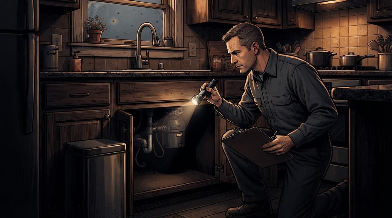 A pest technician checks a kitchen sink and trash area for flies.