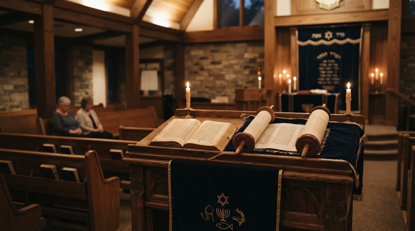 An open Bible and Torah scroll rest on a wooden lectern in a warmly lit worship room.