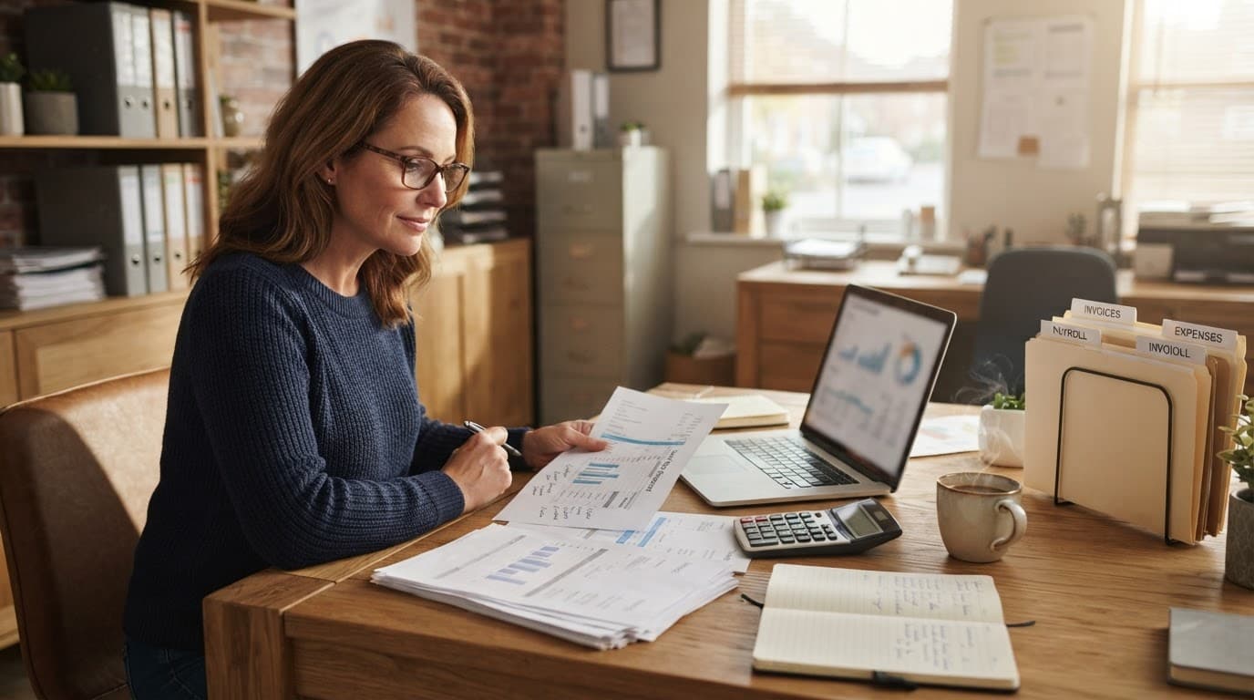 A business owner reviews invoices and cash flow papers at an office desk.