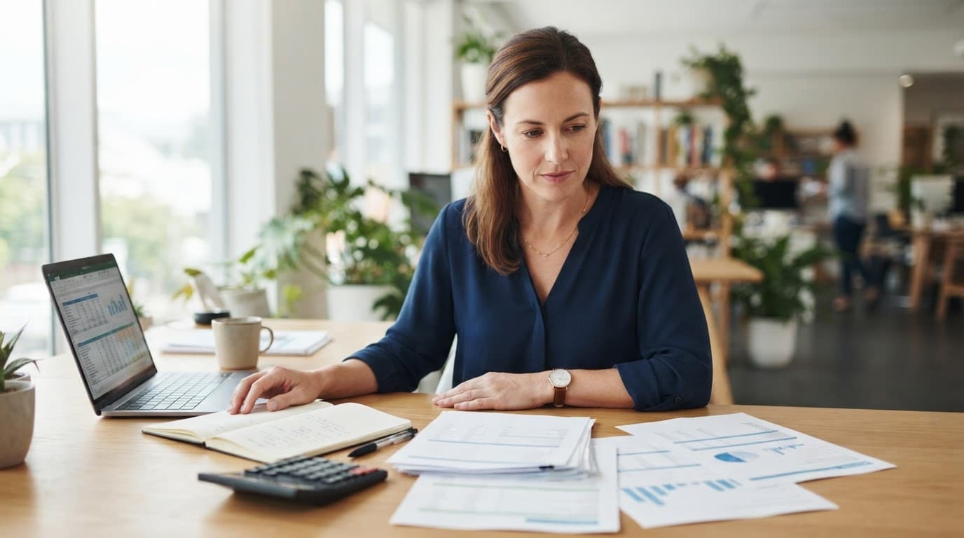 Business owner reviewing invoices beside a laptop and calculator at a bright office desk.