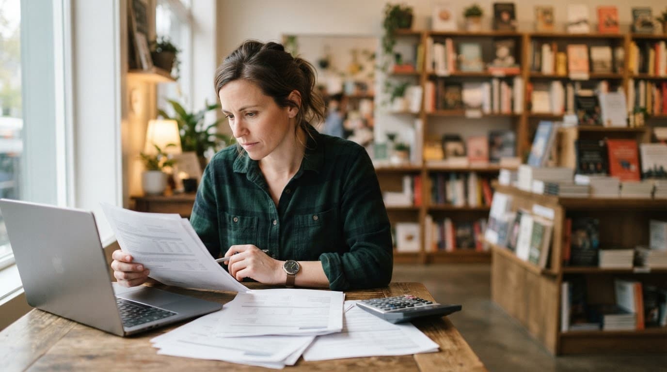 A shop owner reviews papers beside a laptop and calculator at a clean desk.