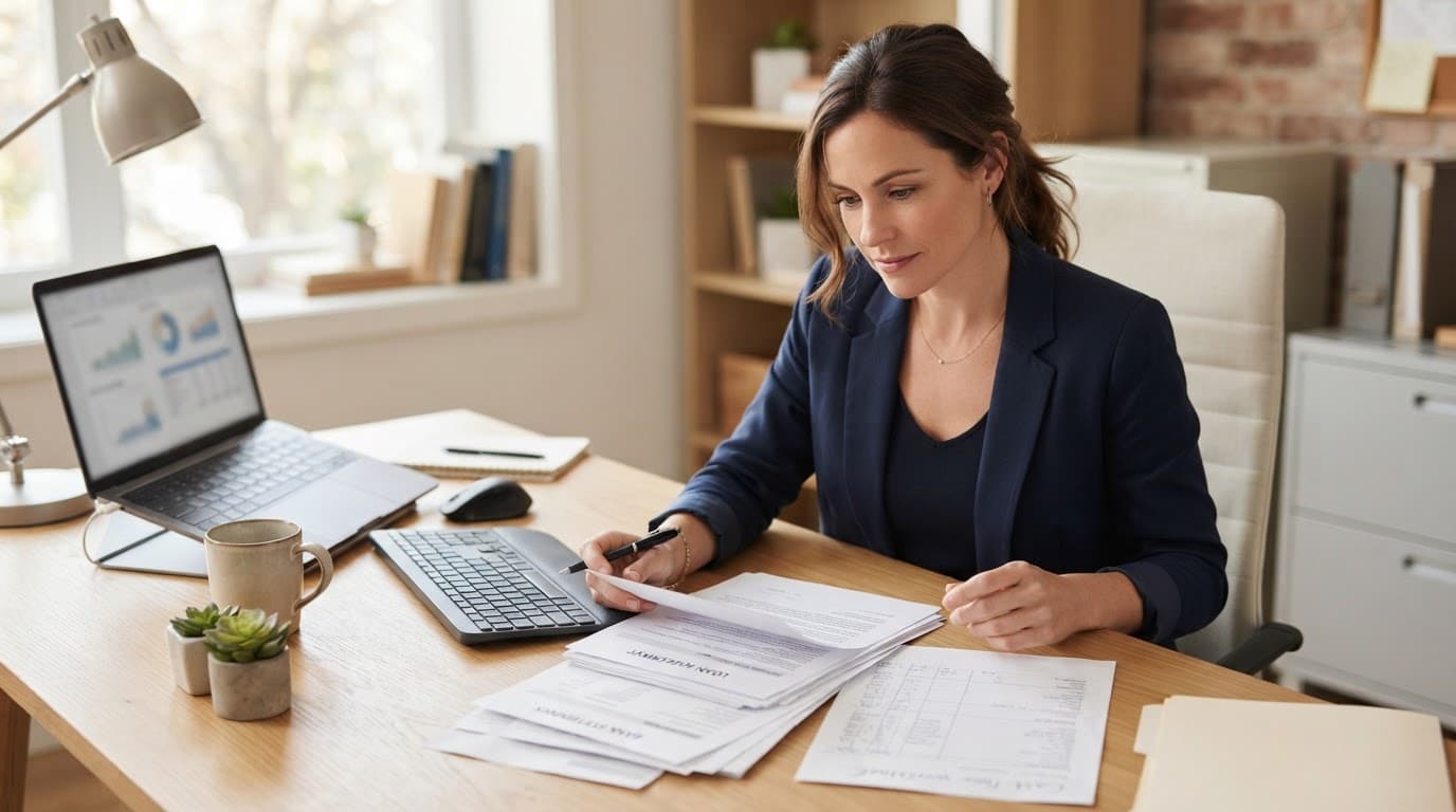 Business owner reviewing loan papers and cash-flow notes at a desk with a laptop nearby.