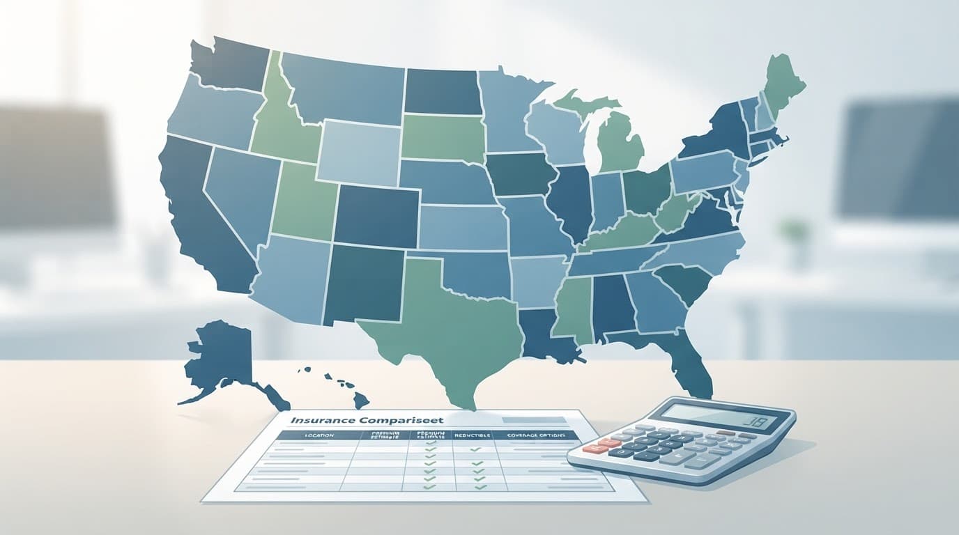 A U.S. map made of state panels sits behind an insurance worksheet and calculator.