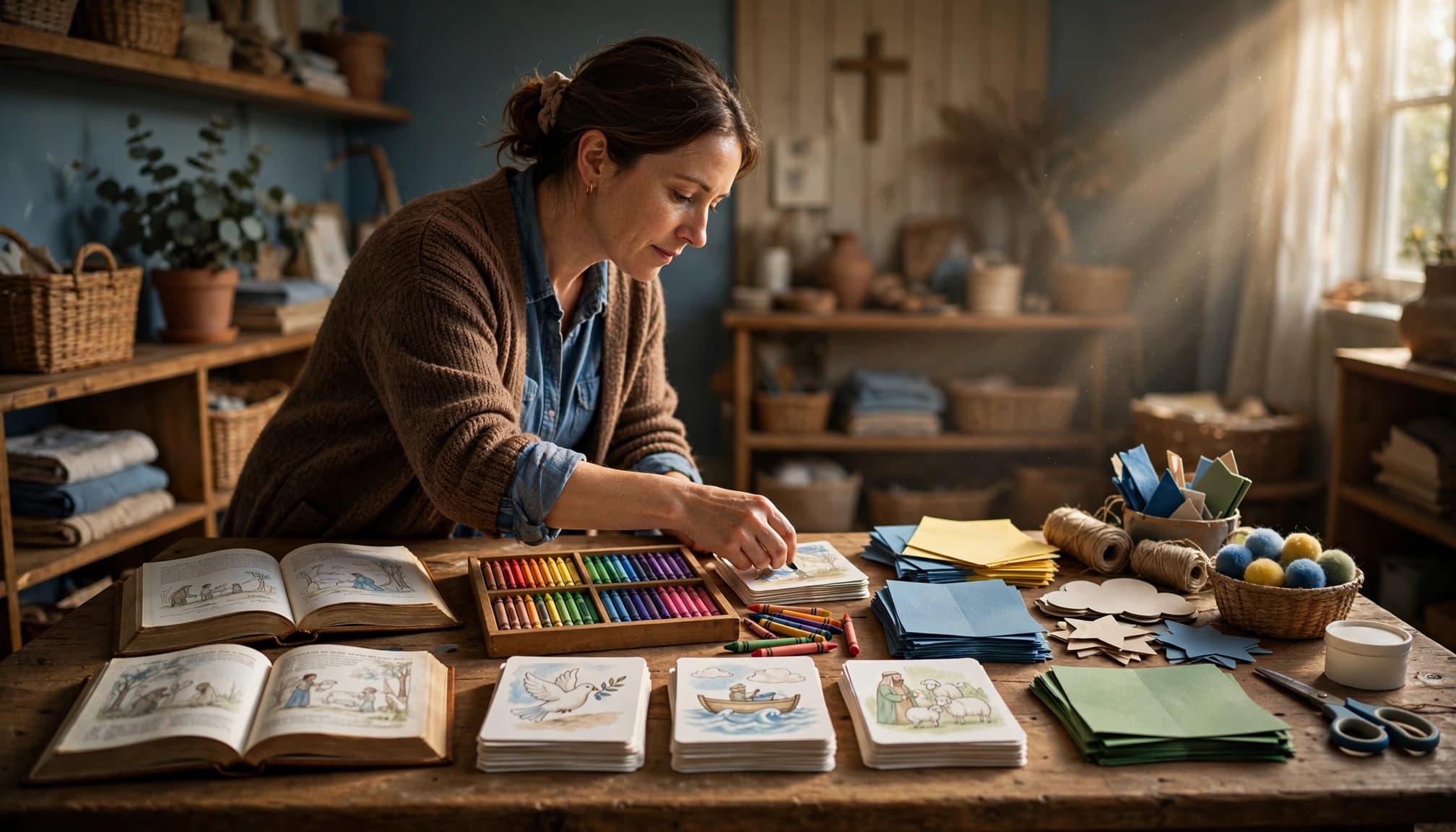 A teacher organizes Bibles, crayons, craft paper, and lesson supplies on a classroom table.
