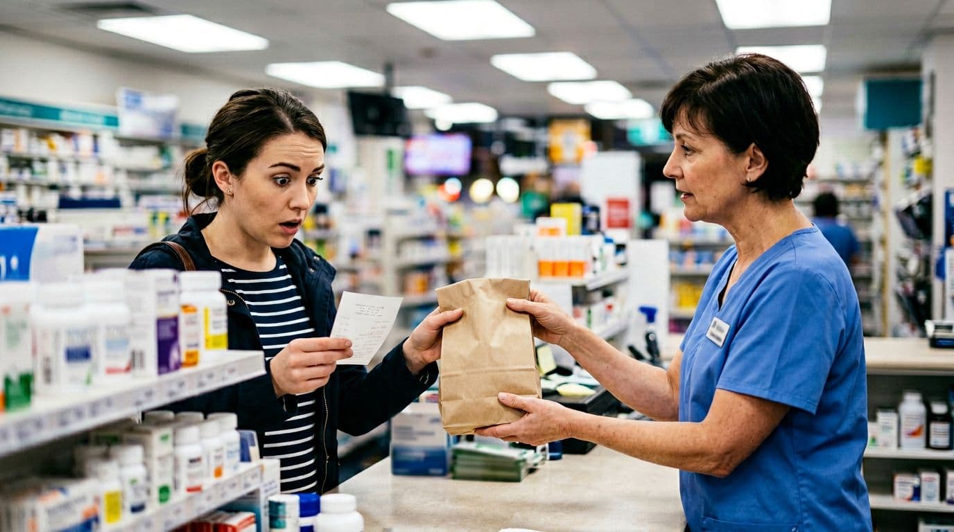 A surprised customer receives a prescription bag from a pharmacist at the counter while examining the receipt, with a blurred busy pharmacy interior in the background under fluorescent lighting.