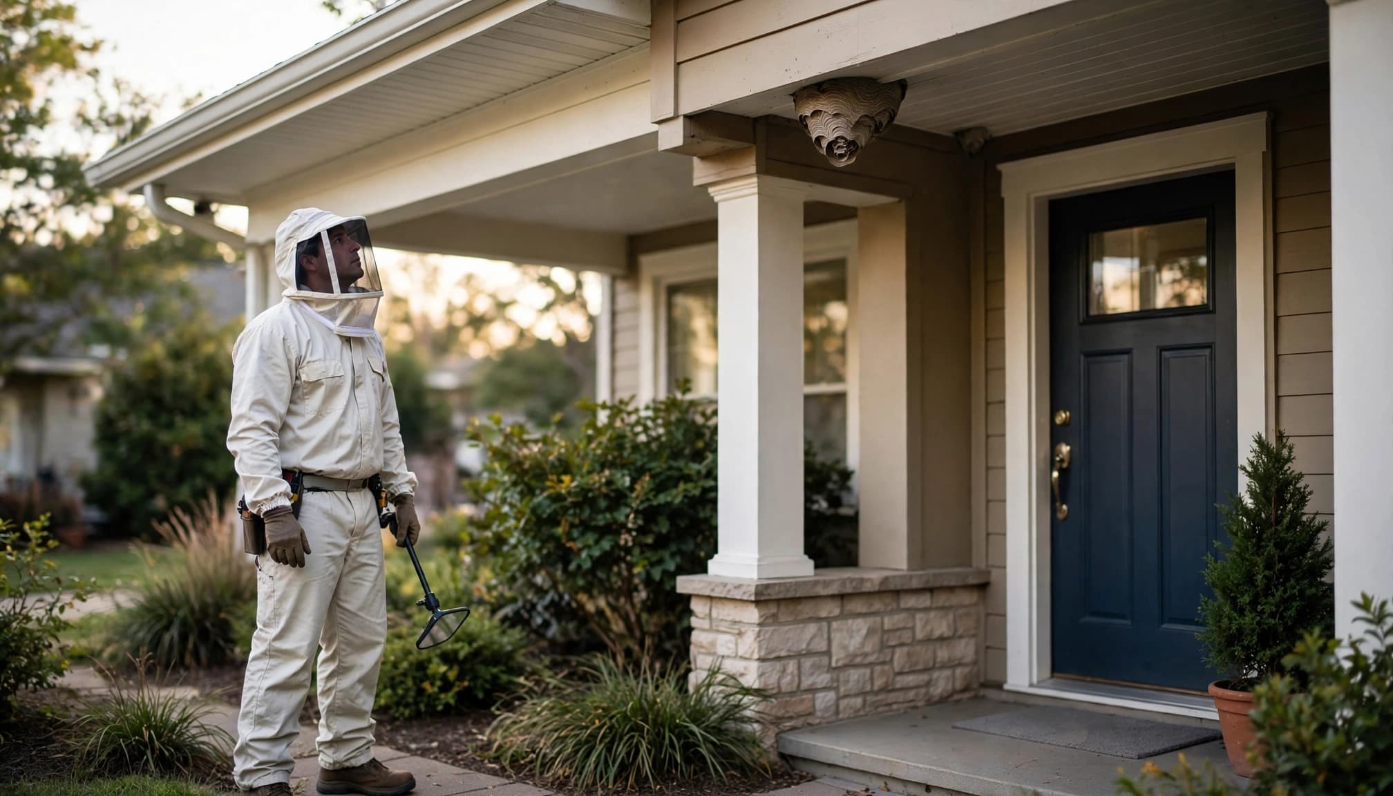 A pest-control technician inspects a wasp nest beneath a porch soffit.