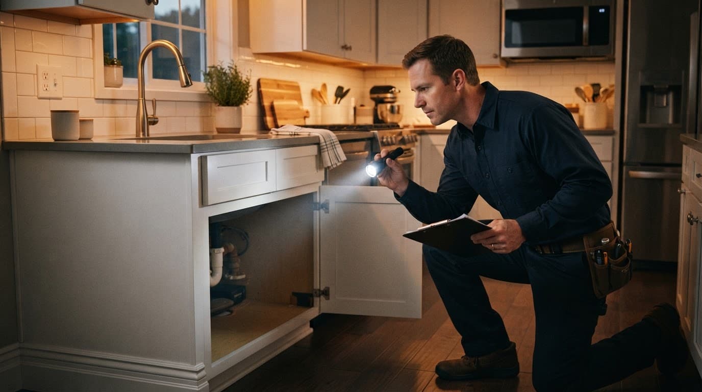 Technician inspecting a clean kitchen with a flashlight and clipboard.