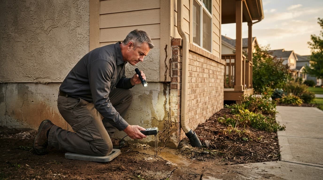 An inspector checks a home foundation with a flashlight and moisture meter.