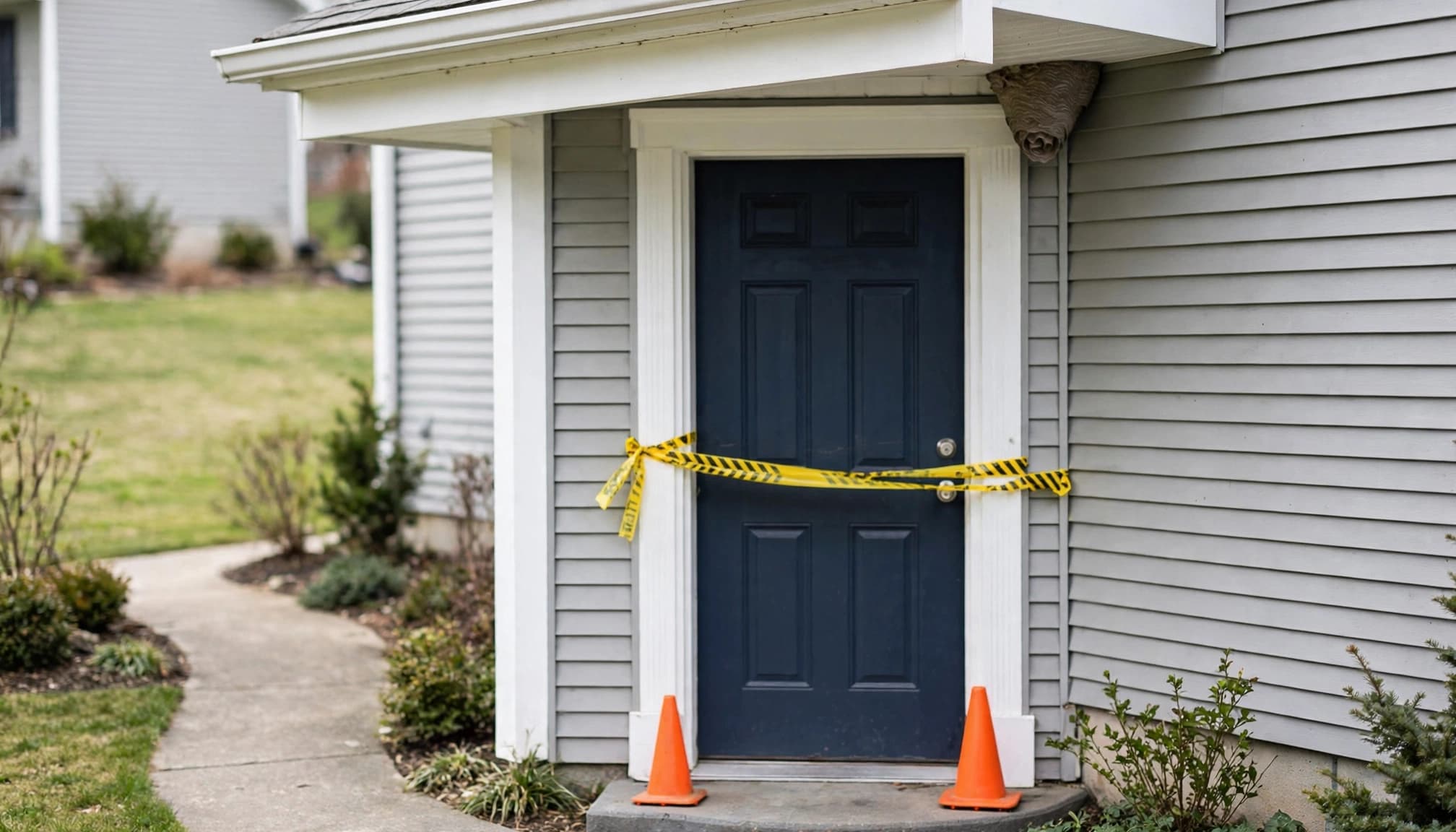 A wasp nest hangs beside a closed front door with the entrance blocked.