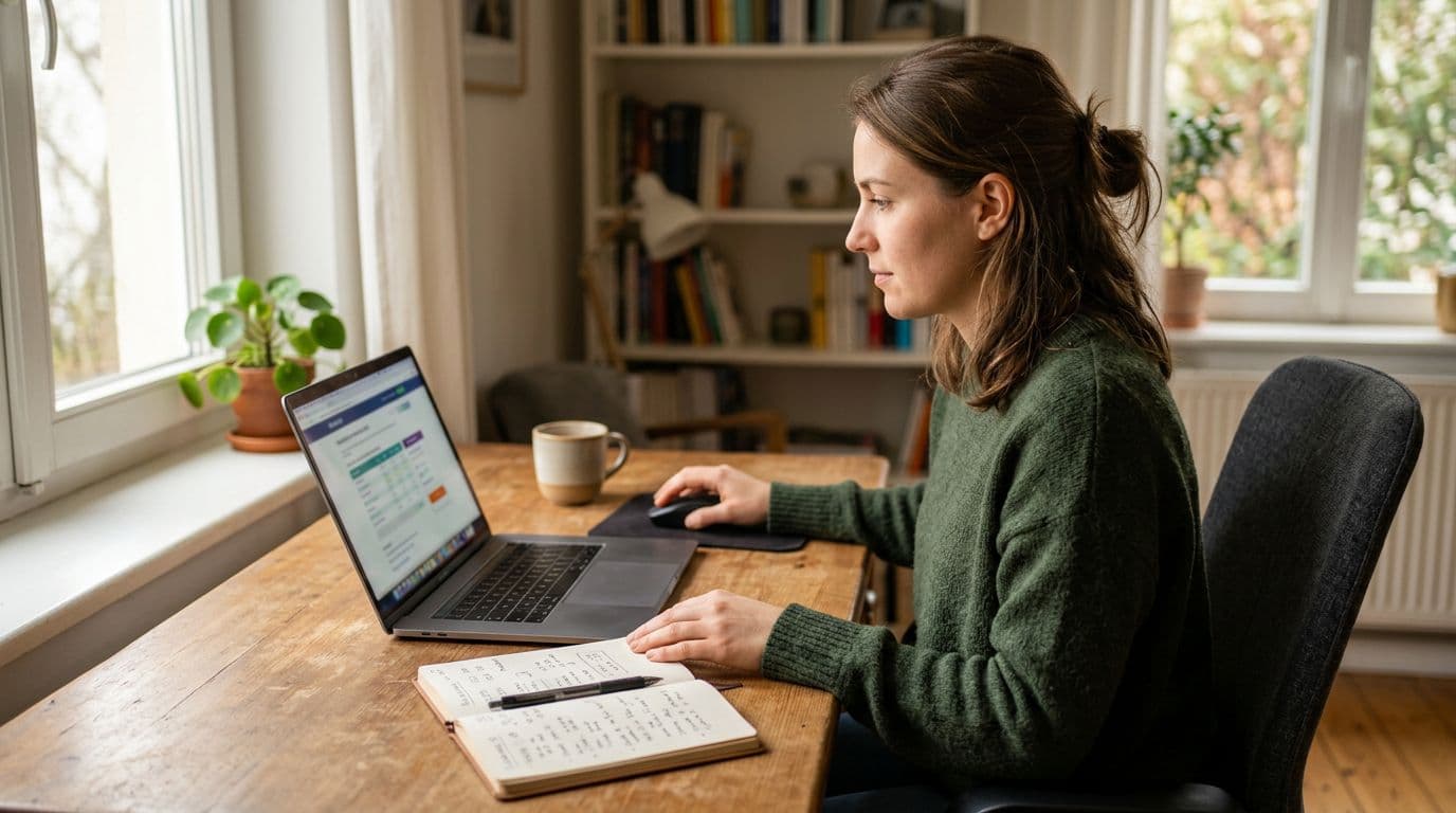 A single young adult seated at a simple desk in a cozy home office, focused on an open laptop displaying blurred health insurance plans, with a mouse and notepad nearby. Soft natural light from a window illuminates the clean, photorealistic composition.