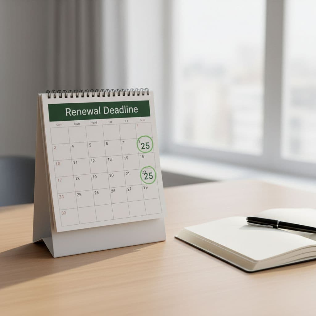 An office calendar shows a highlighted date next to a pen and notebook on a desk.
