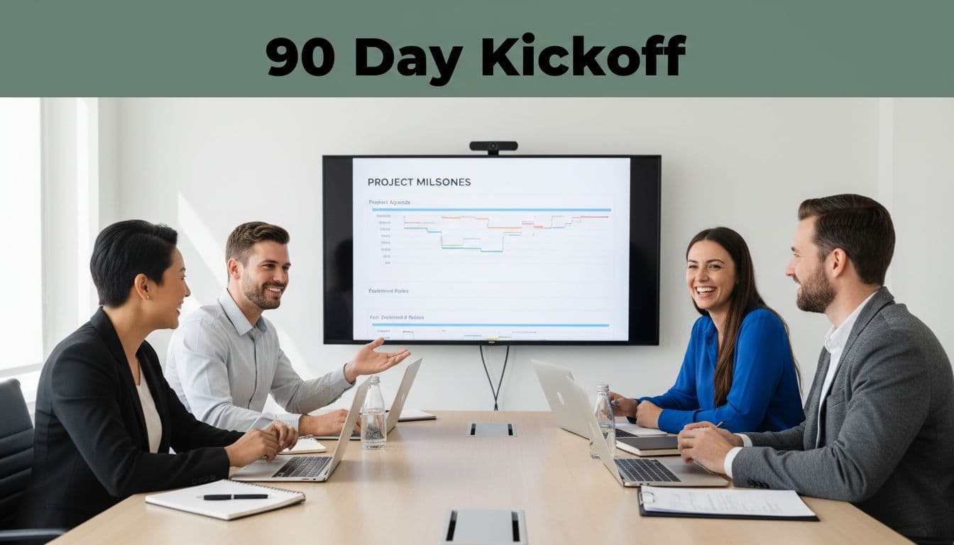 Agency team and two clients engage positively in a bright conference room during a client onboarding kickoff meeting, around a table with laptops and a shared agenda screen displaying timelines and roles. Bold branded headline '90 Day Kickoff' in a dark-green band at the top, realistic professional photo style.
