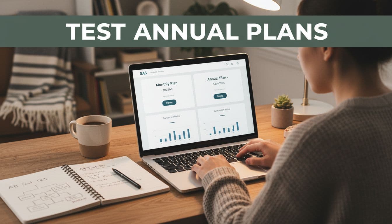 A person in a cozy home office setup tests A/B pricing pages comparing monthly and annual SaaS plans on a split laptop screen, surrounded by conversion rate charts and a notebook with notes under soft lighting.
