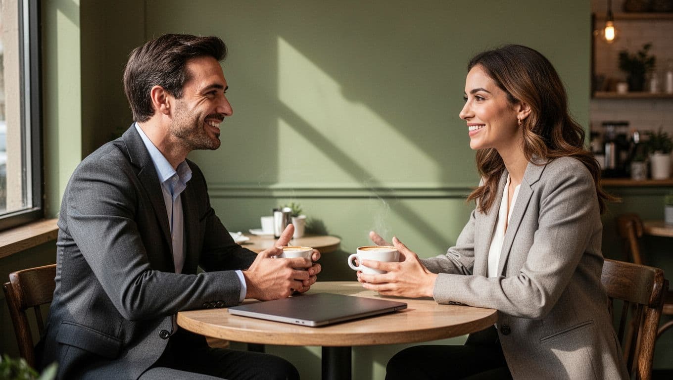 Account manager and client converse relaxedly over coffee at cafe table, closed laptop nearby, 'Build Loyalty' headline on green band above.