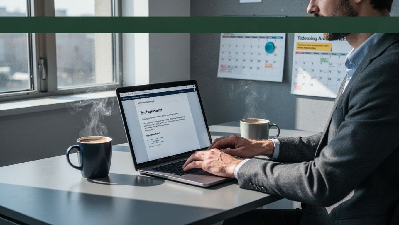 Account manager at modern desk types on angled blurred laptop screen showing renewal email, steaming coffee and calendar nearby, dark-green top band with 'Re-engage Client' headline.