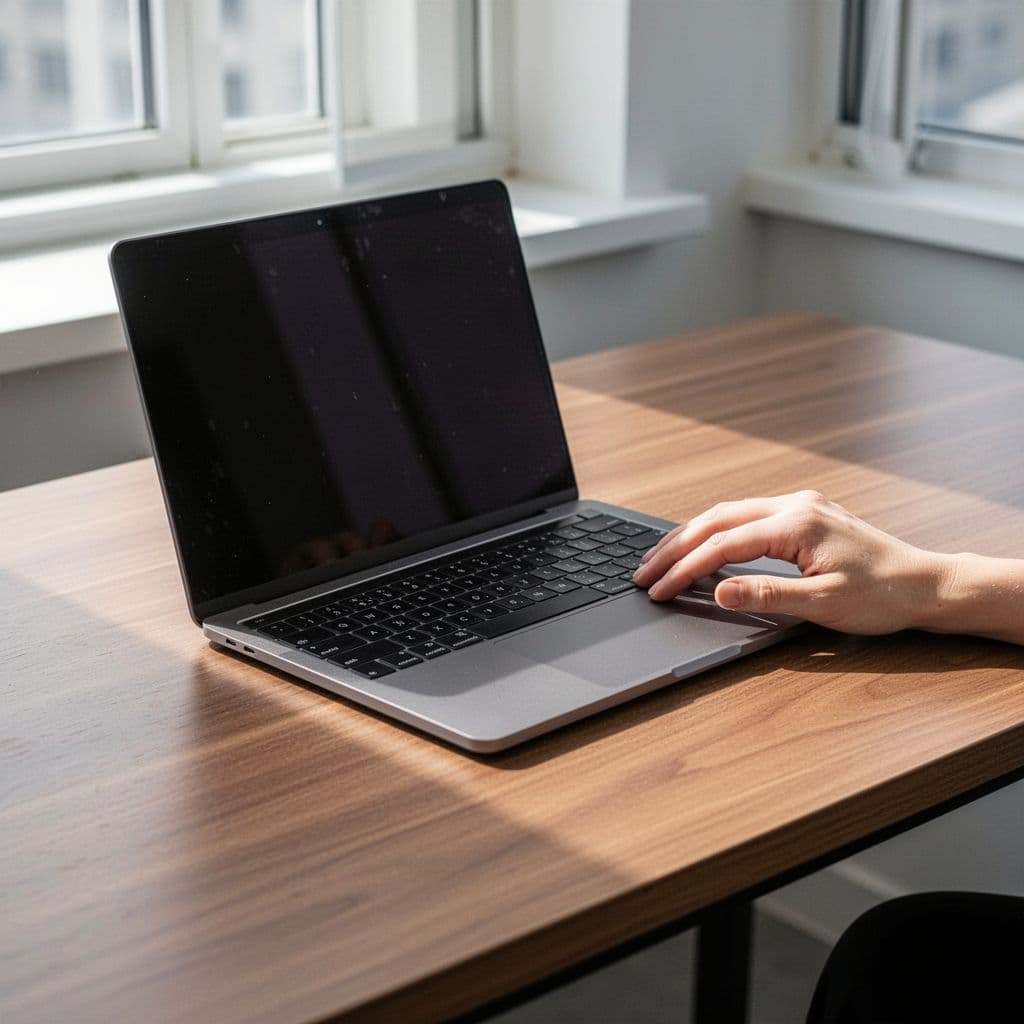 A modern laptop sits on a wooden desk with a hand resting nearby in soft natural light.