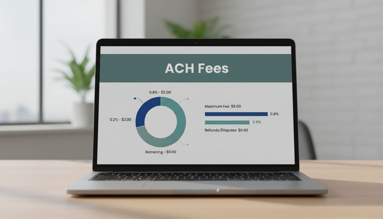 Clean laptop dashboard in an office setting displaying an ACH fee breakdown chart with percentages and dollar amounts, topped with a bold 'ACH Fees' headline on a muted dark-green band.
